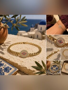 Laminated Gold Plated Evil Eye Chain Bracelet with Pink Accent